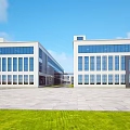 Modern Industrial Factory Complex With Glass Windows White Exterior And Green Lawn Area