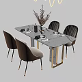 Modern Dining Table Set With Marble Top And Brown Upholstered Chairs 3d model