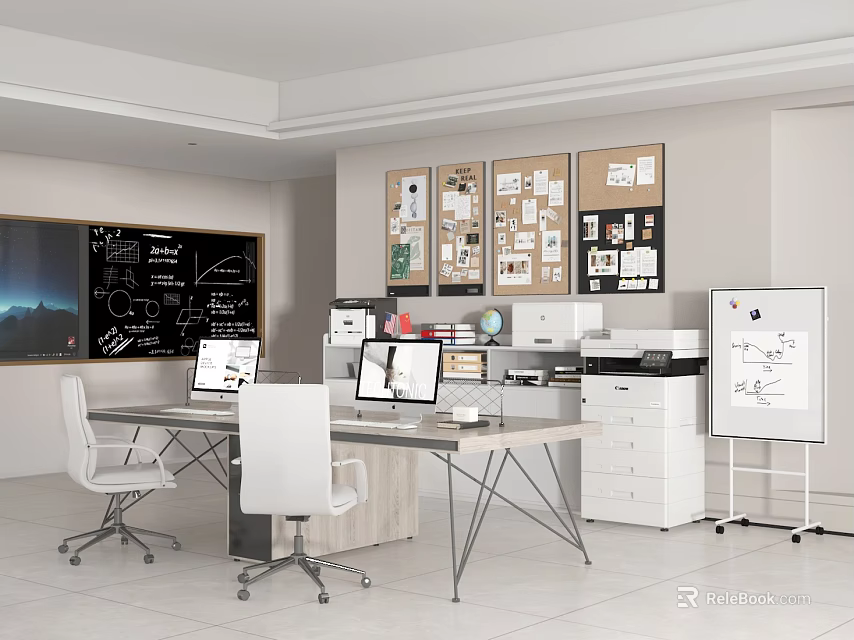 Modern Office Interior With Desk Computer Whiteboard Bulletin Board And Chairs 3d model 