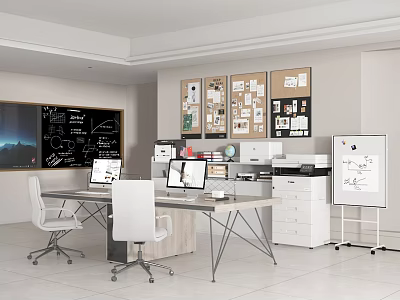 Modern Office Interior With Desk Computer Whiteboard Bulletin Board And Chairs 3d model