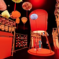 Traditional Art Installation Featuring Bamboo Frames Red Curtains Hanging Lanterns And Lighting Effects 3d model