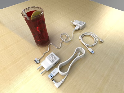 Phone Chargers And Data Cables On Wooden Table With USB Adapters 3d model