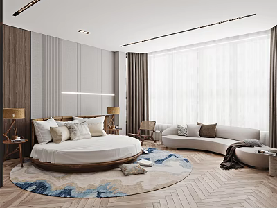 Modern Bedroom Interior With Round Bed Herringbone Flooring Blue Patterned Rug And Curved Sofa 3d model