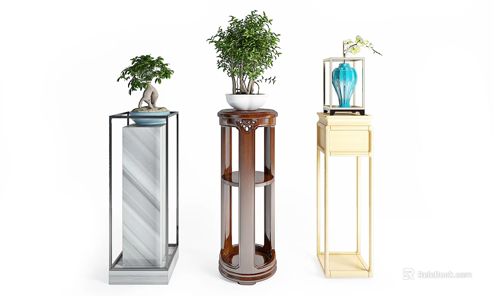 Various Design Plant Stands With Marble Wooden Metal Frames And Potted Plants Flower Vase 3d model 