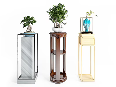 Various Design Plant Stands With Marble Wooden Metal Frames And Potted Plants Flower Vase 3d model