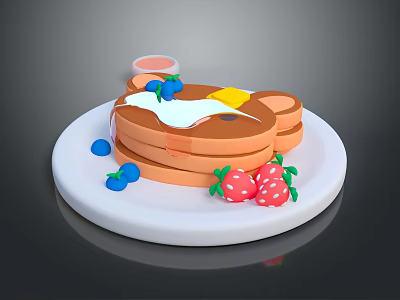 Delicious Stack of Pancakes with Whipped Cream Blueberries and Strawberries on White Plate 3d model