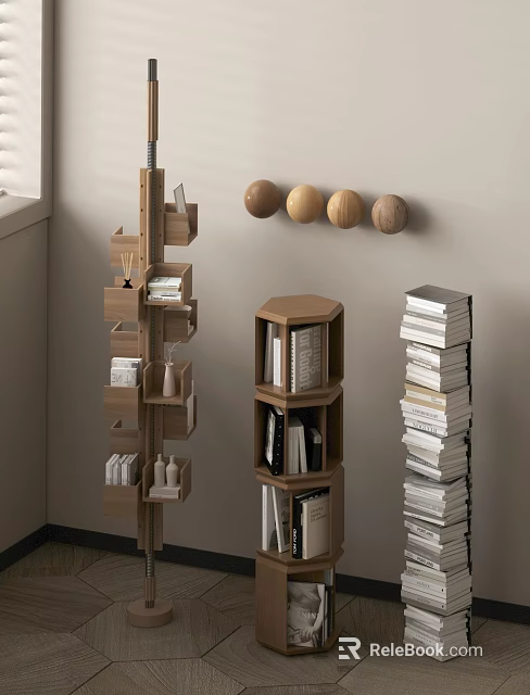 Wooden Bookcase Interior With Vertical Shelves Hexagon Shape And Stacked Books 3d model 