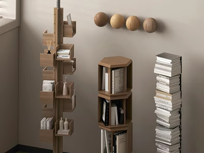 Wooden Bookcase Interior With Vertical Shelves Hexagon Shape And Stacked Books 3d model
