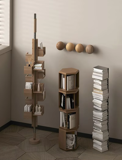 Wooden Bookcase Interior With Vertical Shelves Hexagon Shape And Stacked Books 3d model