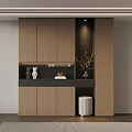 Modern Minimalist Shoe Cabinet Design With Wooden Finish Open Shelf And Decorative Items