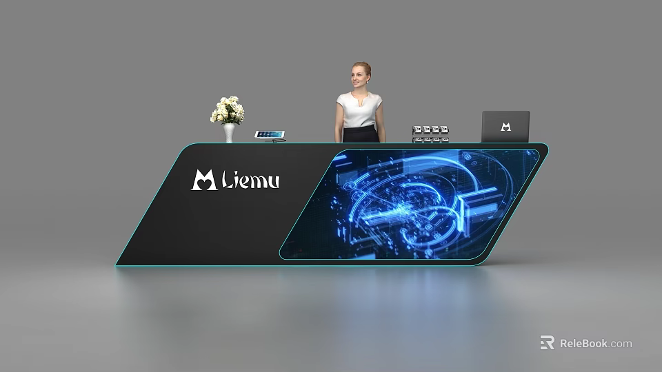 Modern Reception Desk With Tech Inspired Design Digital Display Logo And Flower Vase 3d model 