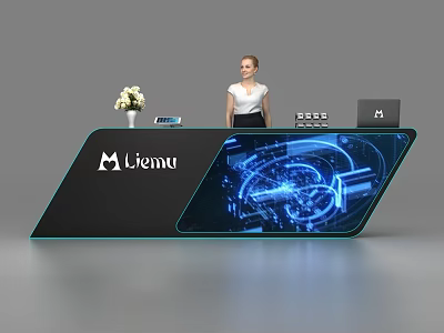 Modern Reception Desk With Tech Inspired Design Digital Display Logo And Flower Vase 3d model
