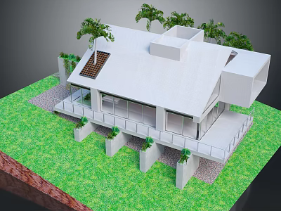 Cartoon Scenery Of Modern White House With Green Lawn Palm Trees And Solar Panels 3d model