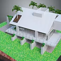 Cartoon Scenery Of Modern White House With Green Lawn Palm Trees And Solar Panels