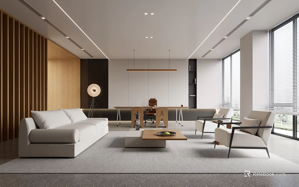 Modern Office Interior Design With Open Layout Sofa Coffee Table And Wooden Wall 3d model