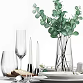 Elegant Table Setting With Dinnerware Glasses Silverware Greenery Bread Salt Pepper Shakers And Candles 3d model