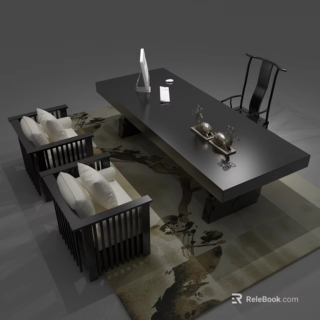 Black Office Desk With Chinese Style Chairs White Cushions Table Lamp Decorations On Patterned Rug 3d model 