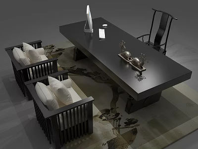 Black Office Desk With Chinese Style Chairs White Cushions Table Lamp Decorations On Patterned Rug 3d model