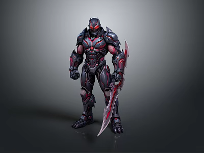 Futuristic Armored Warrior With Red Accents Holding Large Sword In Battle Stance 3d model