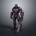 Futuristic Armored Warrior With Red Accents Holding Large Sword In Battle Stance