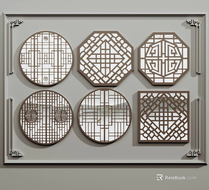 Traditional Wooden Carved Windows With Circular Octagonal Square Shapes And Geometric Patterns For Architectural Decoration 3d model 