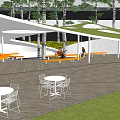 Modern Garden Landscape With White Architectural Structure Birch Trees Orange Benches And Leisure Space