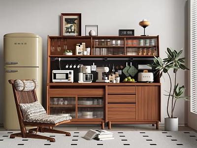 Wooden Sideboard with Kitchen Items and Plant Next to Vintage Refrigerator and Chair 3d model