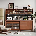 Wooden Sideboard with Kitchen Items and Plant Next to Vintage Refrigerator and Chair