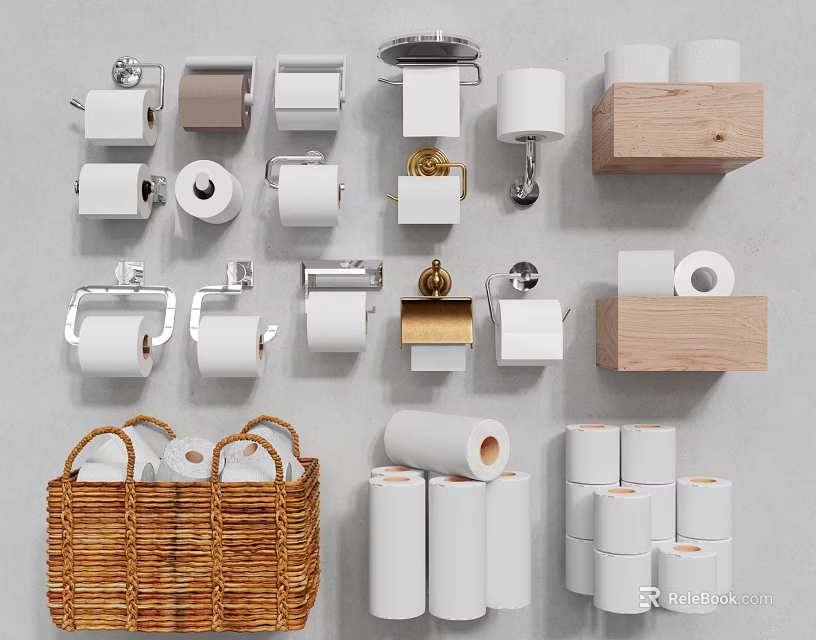 Bathroom Accessories Collection With Toilet Paper Rolls Holders Wooden Shelves And Wicker Basket 3d model 