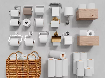 Bathroom Accessories Collection With Toilet Paper Rolls Holders Wooden Shelves And Wicker Basket 3d model