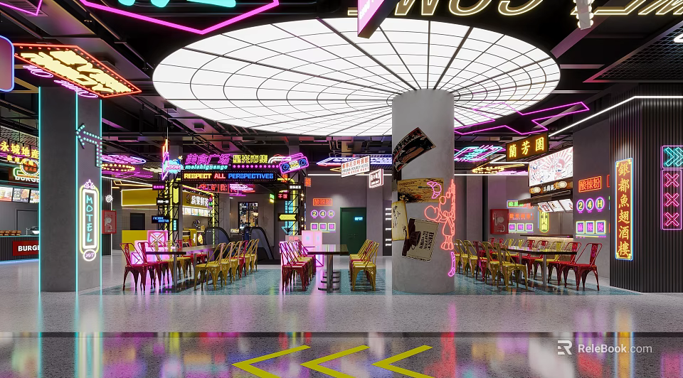 Neon Lit Interior Space With Colorful Signs Tables Chairs And Arrow Floor Markings 3d model 