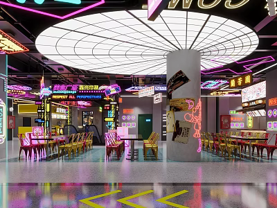 Neon Lit Interior Space With Colorful Signs Tables Chairs And Arrow Floor Markings 3d model