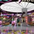 Neon Lit Interior Space With Colorful Signs Tables Chairs And Arrow Floor Markings
