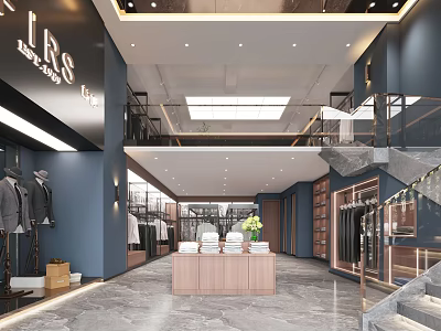 Stylish Clothing Store Interior Design With Blue Walls Clothing Racks Wooden Counter And Staircase 3d model