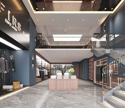 Stylish Clothing Store Interior Design With Blue Walls Clothing Racks Wooden Counter And Staircase 3d model