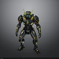 Futuristic Black And Yellow Mechanical Character With Glowing Blue Eyes And Armor