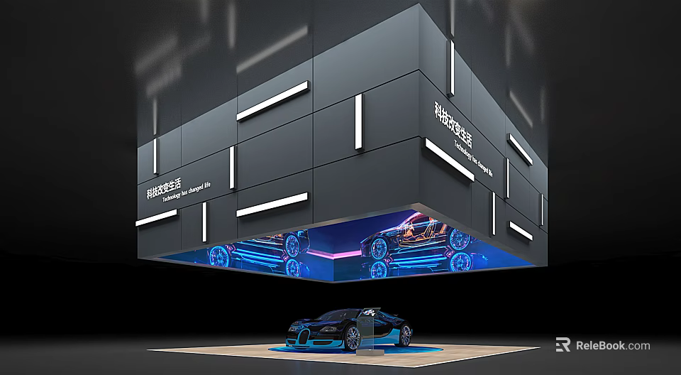 HORWITH Brand Modern Exhibition Booth Featuring Car Display And Blue Lighting Elements 3d model 