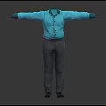 Blue Collared Shirt With Button And Long Sleeves Paired With Gray Pants Arms Outstretched
