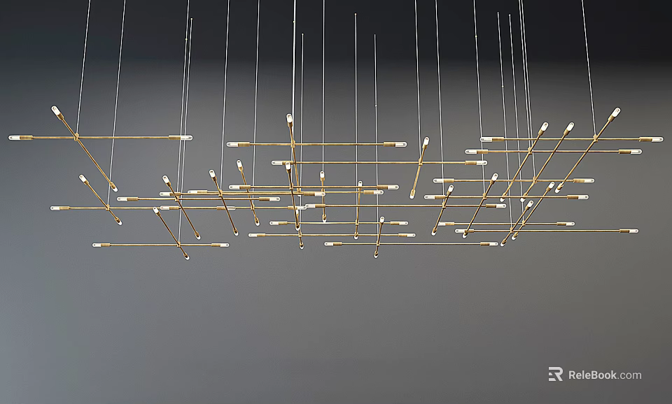 Modern Golden Geometric Chandelier With Multiple Suspended Metal Rods And Bulbs 3d model 