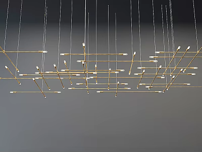 Modern Golden Geometric Chandelier With Multiple Suspended Metal Rods And Bulbs 3d model