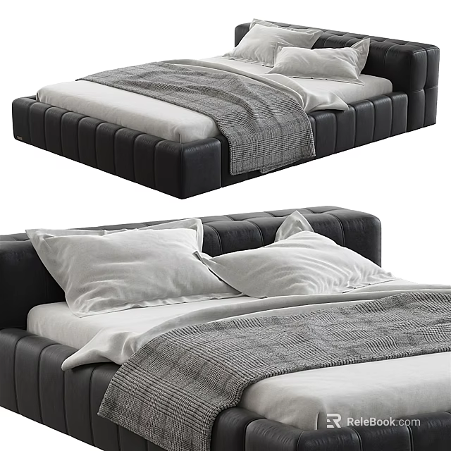 Modern Double Bed With Black Leather Frame Stitched Design White Sheets And Gray Blanket 3d model