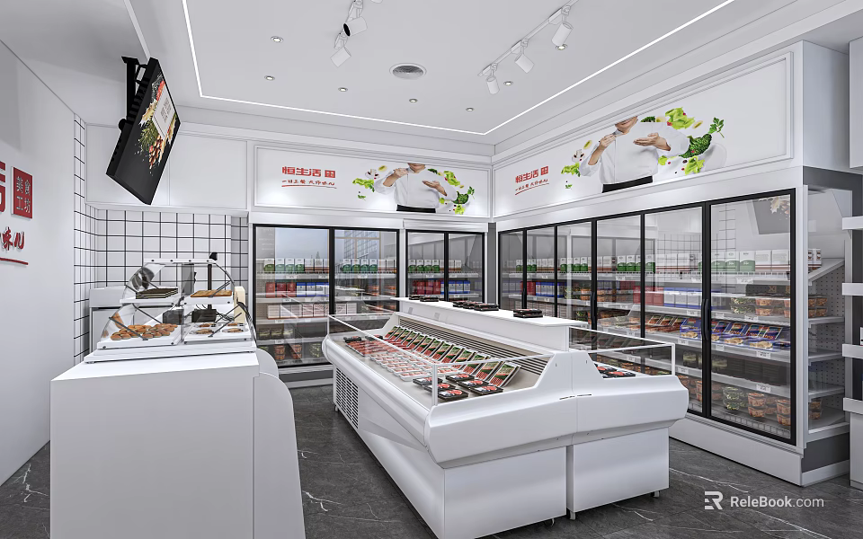Modern Specialty Store Interior With Glass Display Counters And Refrigerated Cases Showcasing Fresh Food Items 3d model 