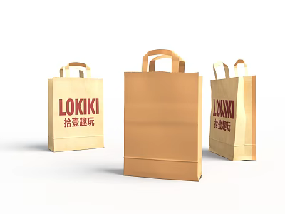 Three Brown LOKIKI Paper Bags With Handles On White Background 3d model