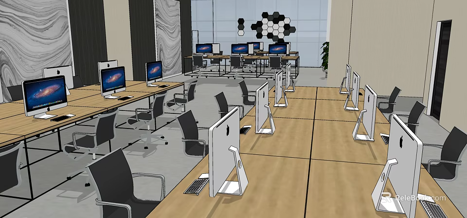 Modern Public Office Space With Wooden Desks Computer Monitors Black Chairs And Pendant Lights 3d model 