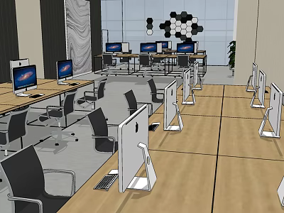 Modern Public Office Space With Wooden Desks Computer Monitors Black Chairs And Pendant Lights 3d model