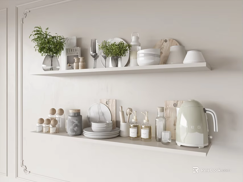 Elegant White Kitchen Shelves Displaying Kitchenware Tableware Jars And Green Plants 3d model 