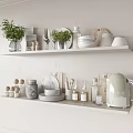 Elegant White Kitchen Shelves Displaying Kitchenware Tableware Jars And Green Plants