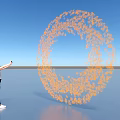 Interactive Circular Art Installation With Orange Particles Against Blue Sky And Reflective Ground 3d model