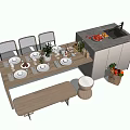 Dining Table Set With Chairs Bench Stool Tableware Plants Counter With Sink And Fruits 3d model