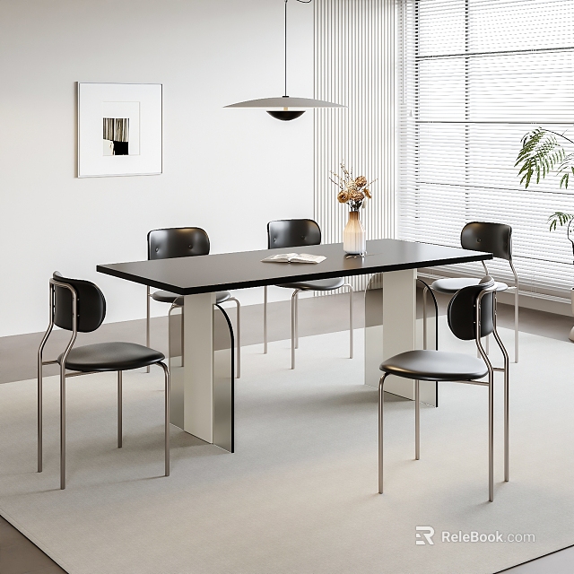 Black Dining Table Set Modern Metal Frame Chairs with Vase Flowers Wall Art and Window 3d model 